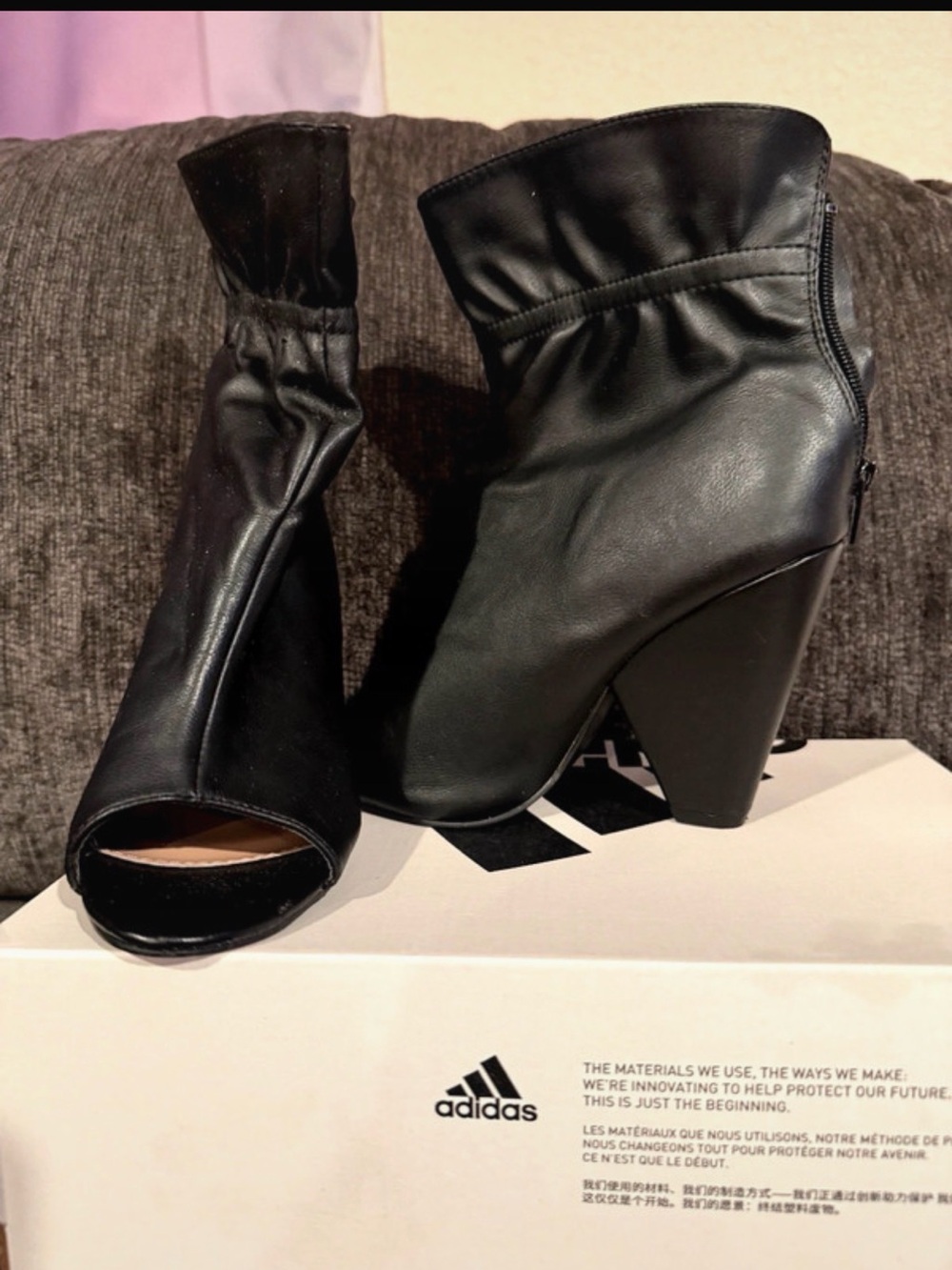 Black Peep-Toe Cone Heel Ankle Booties